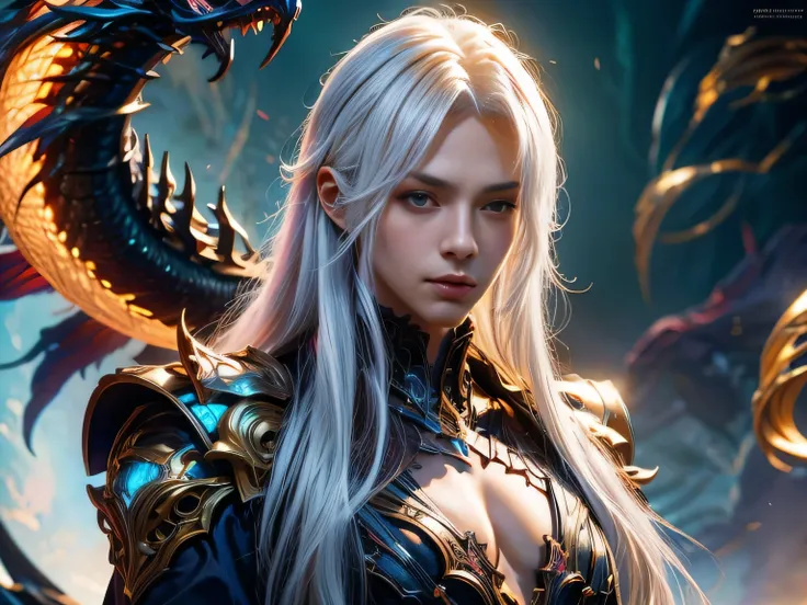 (Best Quality, 8K, Masterpiece, HDR, Soft Lighting, Picture Perfect, Realistic, Vivid), Male Humanoid Dragon (1.0), 1 Guy, Perfect Face, Super Detailed Photo of a Gorgeous Humanoid Dragon Man with Long White Hair, Side by Side lies a white dragon, Beautifu...