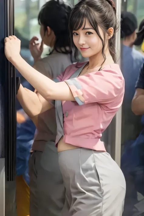 Showing your belly button、(masterpiece:1.2, Highest quality:1.2), 32k HDR, High resolution, (alone、1 girl)、 (Height: 160cm)、（On the rooftop of a building in the daytime、Professional Lighting）、Building rooftop background、（Nankai train crew uniform pinkを着たリア...