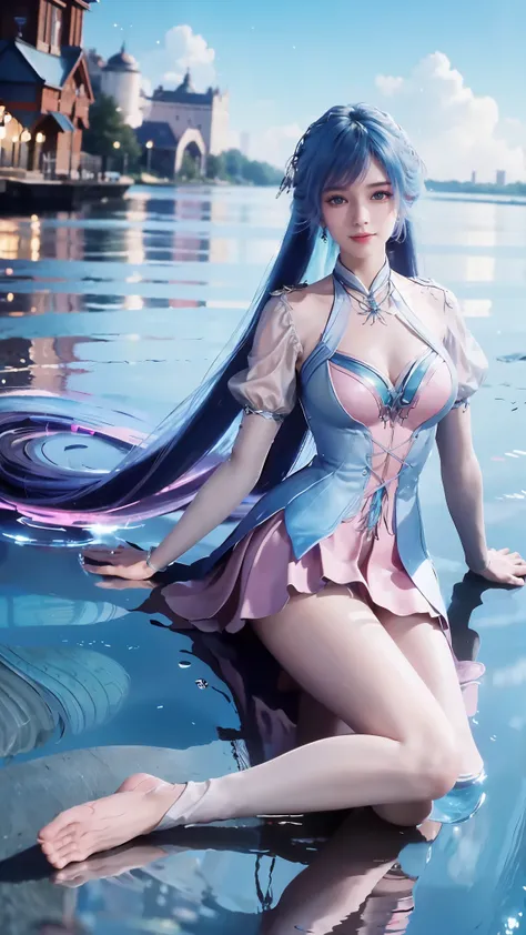 一个穿着连衣裙的女孩躺在Starry Sky下的床上,Exquisite smile,Beautiful and delicate eyes,Beautiful and delicate lips,Extremely detailed face and eyes,Long eyelashes,Full body,Flowing hair,belly button,best quality,excellent work,Super,(Reality:1.4),RAW photos,(Beautiful fac...