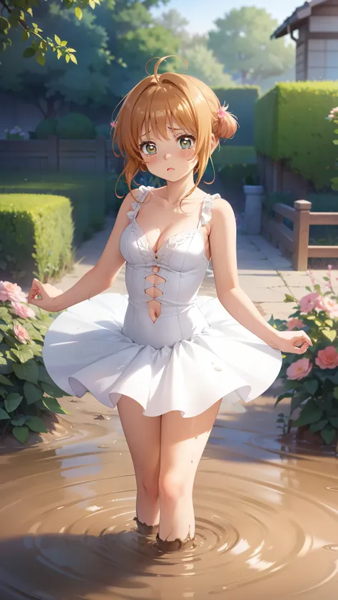 masterpiece, best quality, highres, 1girl, detailed face, blush, anime CG style, (medium breasts), (18 year old girl:1.3), (aged up), good lighting, perfect body, sakura kinomoto, glossy lips, cleavage, (curvy), garden, (sinking in mud), (upset), tears on ...