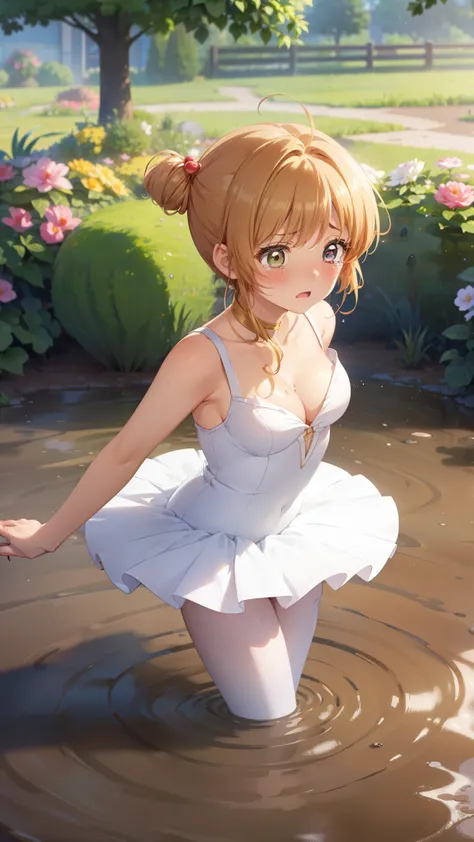 masterpiece, best quality, highres, 1girl, detailed face, blush, anime CG style, (medium breasts), (18 year old girl:1.3), (aged up), good lighting, perfect body, sakura kinomoto, glossy lips, cleavage, (curvy), garden, (sinking in mud), (upset), tears on ...