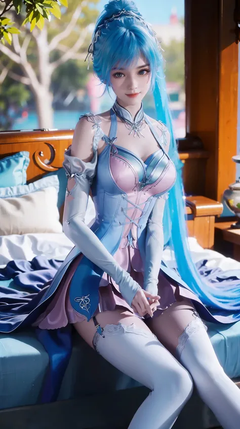 一个女孩Lying in bed,Dressed in suspender pajamas,Face up,Raise your legs slightly,Front view super detailed beautiful big breasted girl 16 years old. Ultra HD, 4K, 8K, Movie,whole body,Lying down,Long legs,Very big breasts,whole body捕捉,(((Lying in bed))),(((w...