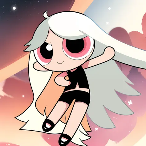 ((( white long hair,))) smile,chibi, full body,1girl, pinkish red eyes, Black short-sleeved shirt showing off your stomach, black shorts