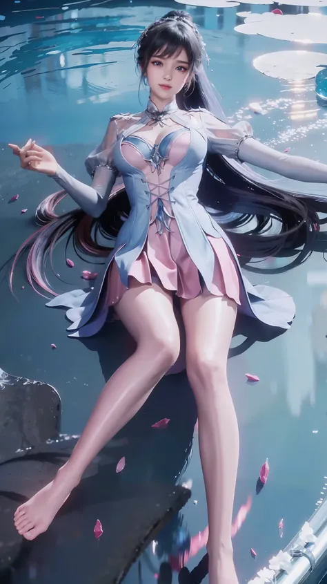 一个穿着连衣裙的女孩躺在Starry Sky下的床上,Exquisite smile,Beautiful and delicate eyes,Beautiful and delicate lips,Extremely detailed face and eyes,Long eyelashes,Full body,Flowing hair,belly button,best quality,excellent work,Super,(Reality:1.4),RAW photos,(Beautiful fac...