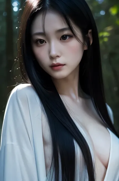 Naked small breasted beauty、A beautiful woman with long black hair, pale skin, and a mysterious expression, standing in a misty forest at night. She is the yokai known as Onmoraki from Japanese folklore.
Onmoraki, a female yokai from Japanese mythology, wi...