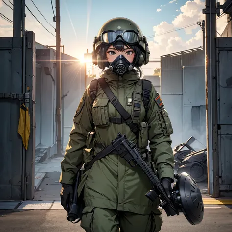 Several female special forces soldiers wearing gas masks、Put on a helmet、Wear goggles、M51 Military Uniform、Guarding at the entrance to the military camp、Write details、masterpiece、best quality、Highly detailed CG、8K picture quality、Theatre lighting、lens flar...