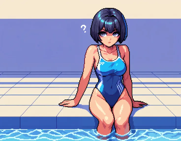 score_9, score_8_up, score_7_up, pixel art, 1girl,long shot, pool background, wearing a monokini, lovely lighting, bob cut hair,...