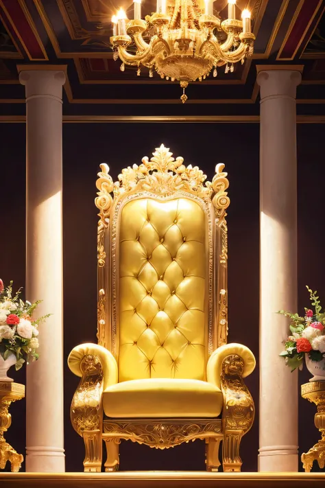 medium shot, white KING chair, Gods seat, vacant throne, ornate and grand, intricately carved with gold accents, velvet upholstery, regal atmosphere, heaven throne, judgement seat of God, throne, high resolution, realistically rendered, HDR lighting, majes...