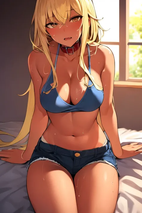 2D, Top quality, (Masterpiece), (Full length), (Glossy blonde hair:1.6), Short cut, (Brown beauty), (Healthy dark skin), (Suntan mark), Collar bone, (Denim hot pants), (Tank top), JK, Glowing bare legs, Shank hair, Brown eyes, Attractive thighs, Large brea...