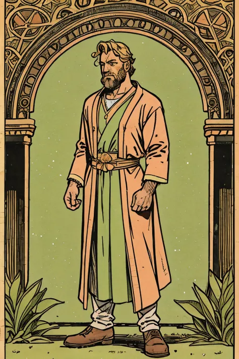 a man , wering peach colour cloths, standing with a green aura  in front of king