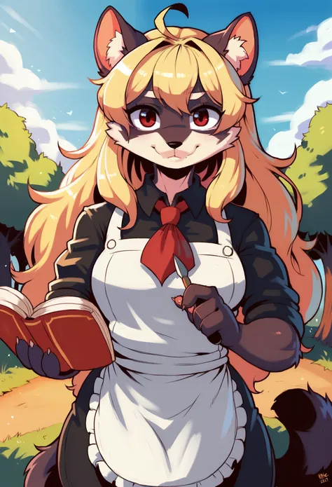 solo,masterpiece, 8k,best quality ,furry girl,8k,hdr,hires,high detail fur,
outdoors,servalcat,holding_book
perfect anatomy,blonde,long hair,look at looking at viewer,(white apron:1.1),red neckchief
