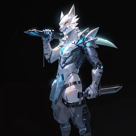 Cyberpunk characters，Epcot，Tech style，Alone，White body，White ears，White hair，Overall white，Orange eyes，Wolf Tail，Wolf Orc，young，Wear short-sleeved shirts，Ultra-clear screen，Soft lines