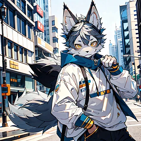 hairy, hairy, Gray fur, male, Canines, arctic fox, single, Sharp claws, Fine fur, Golden Eyes, hairy tail, Blue sweatshirt, White jeans, Very detailed: 1.0, City Streets, Detailed background