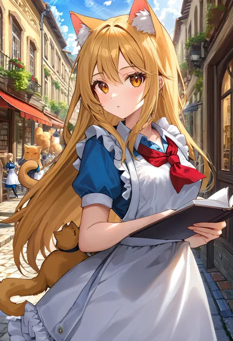 solo,masterpiece, 8k,best quality ,furry girl,8k,hdr,hires,high detail fur,
outdoors,servalcat,holding_book
perfect anatomy,blonde,long hair,look at looking at viewer,(white apron:1.1),red neckchief
