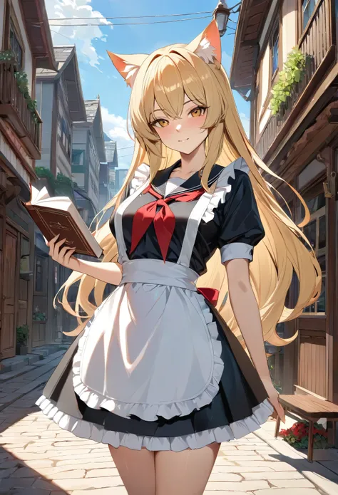 solo,masterpiece, 8k,best quality ,furry girl,8k,hdr,hires,high detail fur,
outdoors,servalcat,holding_book
perfect anatomy,blonde,long hair,look at looking at viewer,(white apron:1.1),red neckchief
