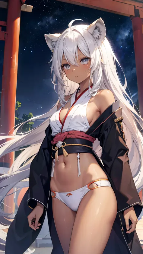 High resolution、Girl、Silver Hair、Long Hair,(Brown skin,Dark Skin,Sunburn),Lion ears、Grey Eyes、Slender、Toned body、kimono,festival,Starry Sky,torii,,Abdominal muscles