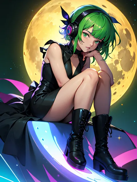 Anime, rpg, sit on moon, Cute of a 21yo girl, perfect face, masterpiece, auto correct, detailed, 
black dress, black boots with green line, green eyes, short green hair with bangs, black headphone in head with led, astral background with sparkle green