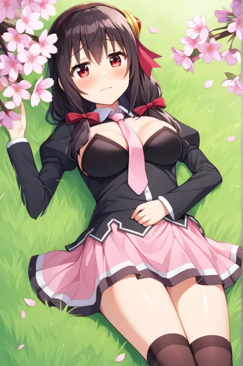 alone, One girl, Embarrassed face, View your viewers, Crown Blade, hair ornaments, Hair Ribbon, Pink tie, Black long sleeve, Pink Skirt, Knee socks, Cleavage, grassland、Black Hair、Red Eyes、(blush:1.2)、Sleeping on your back、cherry blossoms