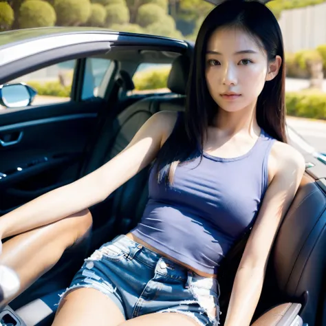 Taiwanese beauty，Sit in the car，Wearing a white top，Denim shorts，Sexy body