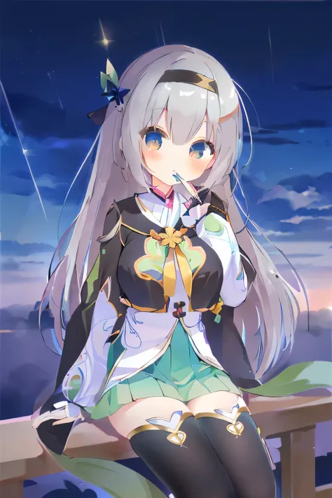 Anime girl sitting on railing，With a cigarette in his mouth, Azur route style, Anime cute art style, Fleet Collection Style, From the Azur Lane video game, Cute girl anime visual, Cute anime girl in a beautiful skirt, From Girl Front, Ink art anime loli, O...