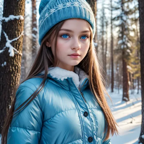 Portrait, high quality, Ukrainian  fairy winter snow in the forest through the trees About 10 years old, blue eyes, smooth skin, ((Best quality, 8k, Masterpiece :1.3)), 1girl, Pretty girl , Casual outfit :1.2, in the forest, Ultra-detailed face, Detailed e...