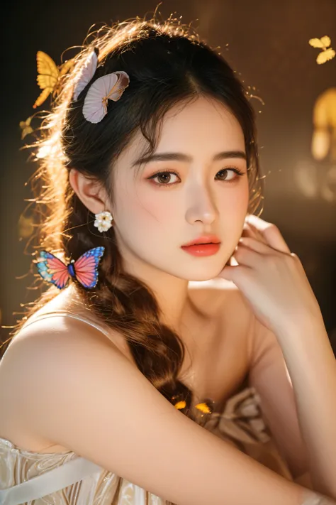 there is a woman with butterfly hair clips on her head, soft portrait shot 8 k, dilraba dilmurat, taken with canon eos 5 d mark iv, shot on canon eos r5, shot on canon eos r 5, captured on canon eos r 6, beautiful young korean woman, young beautiful woman,...