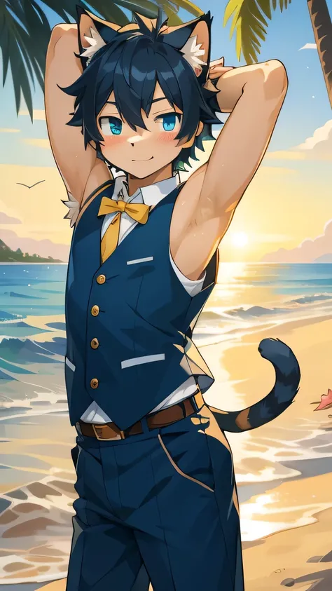 high resolution,masterpiece， Best quality,best quality,high quality, Highly detailed, Practical, photoPractical, Anime style, 12 year old boy, Young Boy, Shota, (Cat Boy, Cat ears), Vest, Body, (Show Armpits:1.4), slim, Thin body, beach, Lovely, Handsome, ...