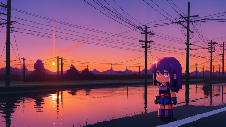 purple theme, power pole in the sunset, pixel art, anime