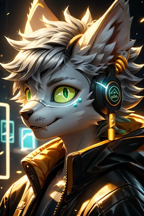 young werewolf，golden fur，wearing a black jacket with neon details，wear an electronic mask，wearing gaming headphones，avatar，clos...