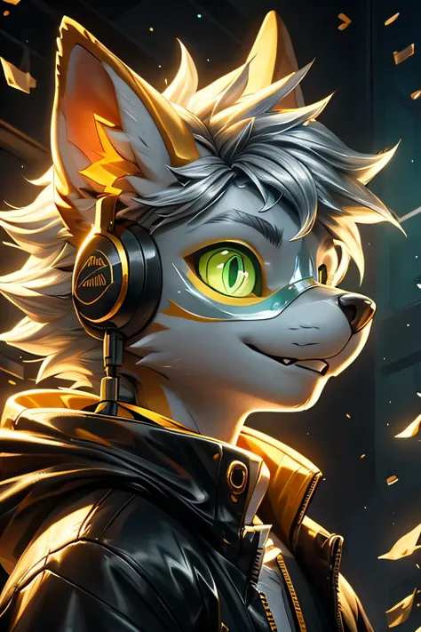 Young werewolf,Golden Fur,Wearing a black jacket with neon details,Wear an electronic mask,Wearing gaming headphones,avatar,Close-up of face,high quality,The art of math,,High-definition 4K realism,((Clear structural details)))Show details,Exquisite eyes,(...