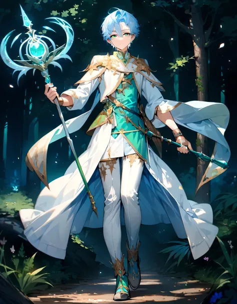 ((Full body)), (a boy), (super detailed), male role, beautiful boy, ((light blue clothes)), ((light blue hair)), ((emerald green  eyes)), high quality,(enchanting forests) ,(a staff in hand)