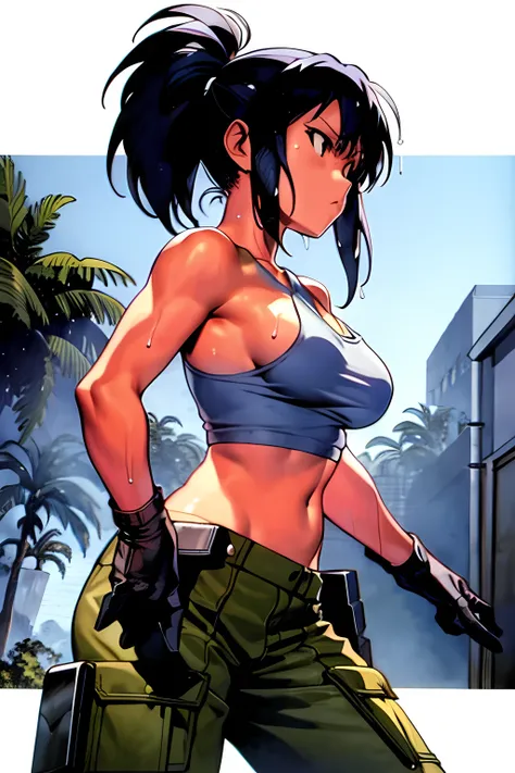 masterpiece, best quality, anime 1990s \(style\, leona heidern,  naked, white tank top, pants ,jungle, pony tail, wet, serious, ...