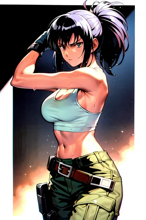 masterpiece, best quality, anime 1990s (style, leona heidern,  naked, white tank top, pants ,jungle, pony tail, wet, serious, gloves, , sleeveless, metal slug, belt 