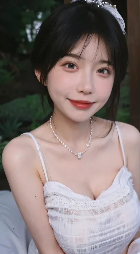best qualtiy, Ultra-high resolution, (realisticlying:1.4),cute hairpin,Baoyu Girl,Wearing a white bandeau wedding dress,(big chest:1.2) ,A pair of clear and moving peach blossom eyes,Royal Sister,sunshine on face,Big wavy hairstyle,(choker necklace:1.2),(F...