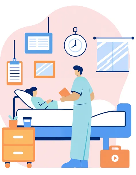 in a hospital bed, medical doctor, flat illustration, hospital background, in hospital bed, doctor, hospital room, medical backg...