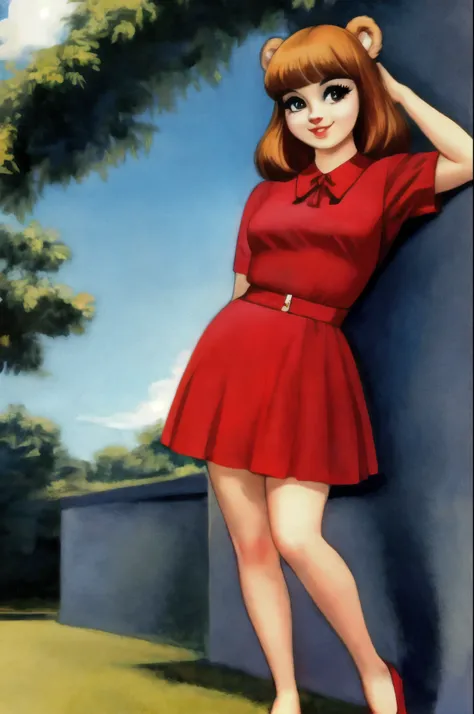 fashionable 60s young lady bear, red_dress, girlfriend, wife, cute pose