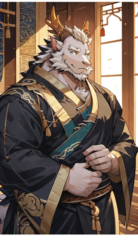 (white eastern dragon),furry,white mustache,big pecs,hearty males,muscular,black imperial robe,adult,traditional_chinese_room,head portrait