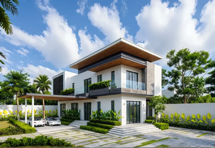 Masterpiece, high quality, best quality, authentic, super detail, outdoors, onestoreyvillaXL, aiai, aiaigroup, house style modern on the street ,stairs, white wall ,road,pavement, grass, trees, sky, cloud, (daylight:1.1)