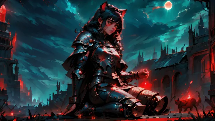  (cabello negro, con flequillo y orejas de gato), (masterpiece, best quality, detailed, vibrant colors), fantastical, (solo), (knight), kneeling, chainmail, plate armor, sad, tears, outdoors, battlefield, (blood:1.1), tired, exhausted, windy, backlight, ca...