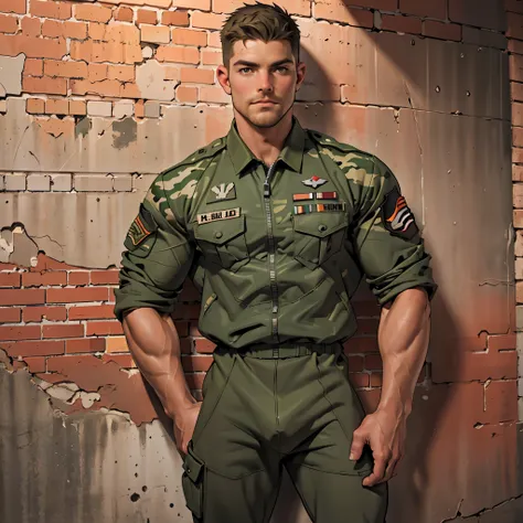 32k, high quality , detailed face , detailed hands , detailed muscles , stephen amell standing and  posing  as a military man wearing camouflage suit ,standing with spread legs, showing his muscles and bulge , ((background brick wall with lot of army poste...