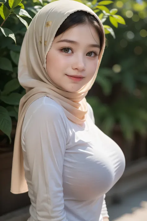 Chubby adorable, 1 girl, (face to face), 10 years old, baby face, happy, half body portrait, (face details: 1), (eye details: 1), ((big breasts)). wearing transparent transparency soft long shirt, hijab, .. Cute posed. proportional body. Ultra High Res. re...