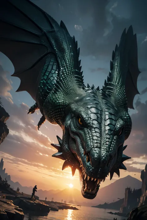 A creature that is a mix between a crocodile and a bird。Terrifying monsters。The background is realistic。There are a lot of backgrounds。