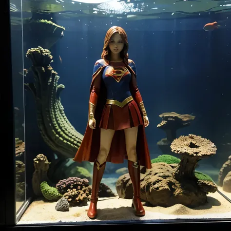 A giant octopus figure stands next to a Supergirl figure、1/6th scale adult figure、Inside the giant aquarium、