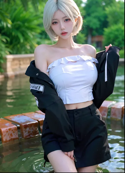 Beautiful woman with perfect figure:1.4，Ultra-high resolution，White legs，Put your hands behind your back，Swimming background，Big breasts：1.6，（Realism:1.4)，perspective，Layered hairstyle，Snow white skin，JK:1.5，Super short pleated skirt，whole body：1.4，Very de...