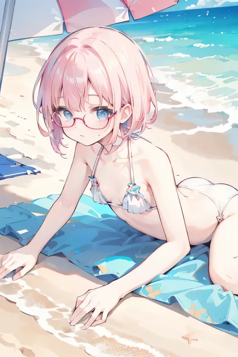 cute、、blue eyes、比基尼、White panties、Beach、Leaning forward、Lie down on the sandy beach,Short Hair、Pink Hair、Small breasts、Glasses、Akabuchi Glasses