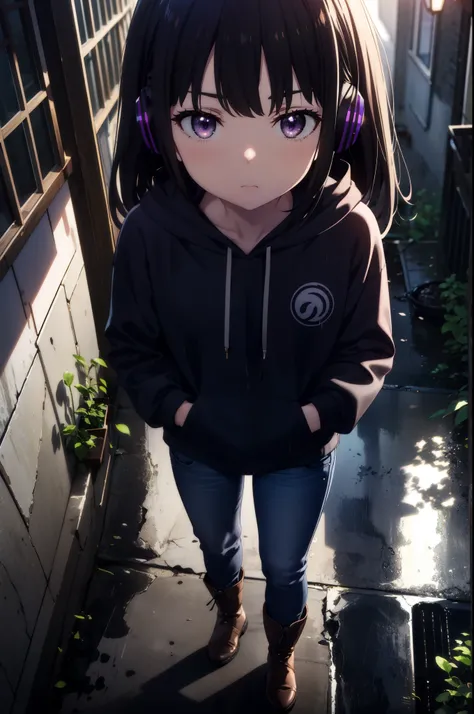 Takiuchikami, Check it out, Long Hair, bangs, Black Hair, (Purple eyes:1.2),Oversized blue hoodie,Wired headphones,jeans,short boots,Standing leaning against a wall,,Hiding in a roofed building,whole bodyがイラストに入るように,rain,cloudy,night,
break outdoors, Build...