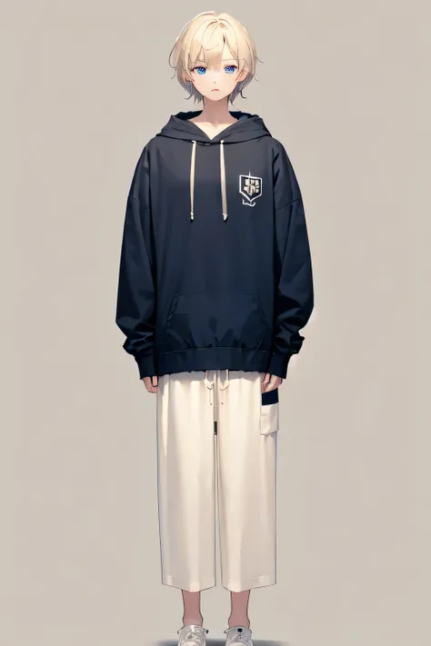 ((front)), A boy with short beige hair and blue eyes wearing a hoodie and wide pants, whole body, front, Standing still, Plain background, 