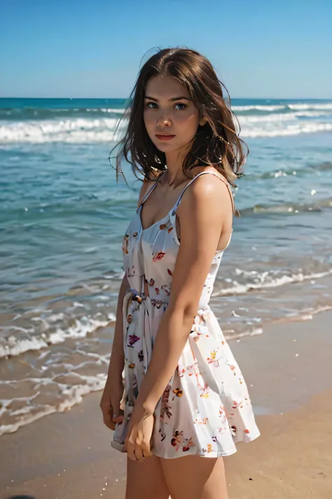 Young female, summer clothing, introspective facial expression, beach