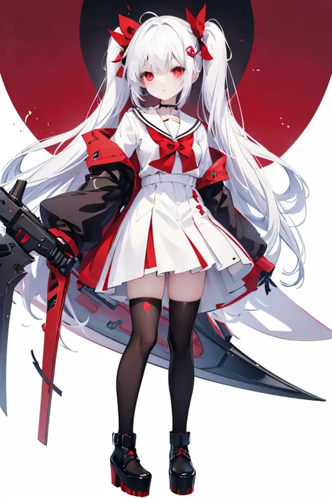 アニメの女の子 with white hair and red bow sitting on the ground, Sailor dress, Cute girl anime visuals, young anime girl,  pretty anime girl, White Hair Girl,  White background、Full-body portrait、Black boots、Red Eyes、Marine color dress、Knee-high socks、whiteback、...