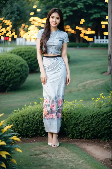 Asian woman long hair in a black Indonesia batik long skirt and Indonesia batik white shirt, ((standing in garden park:1.5)), Beautiful Body, traditional beauty, wearing beautiful Indonesia batik clothes, Indonesia batik traditional dress, acmm ss outfit, ...